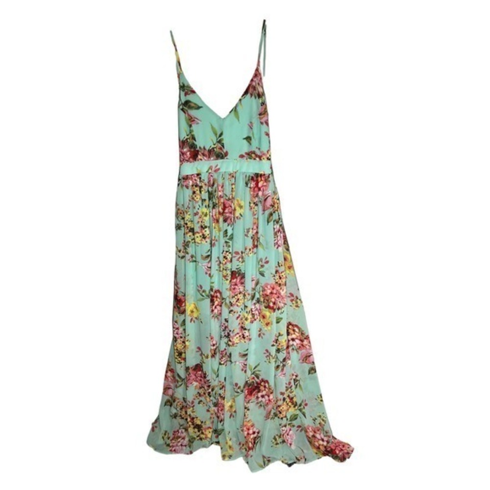 Miss Avenue Floral Open Back Maxi Dress Size Large Mint Green Beach Tropical NWT